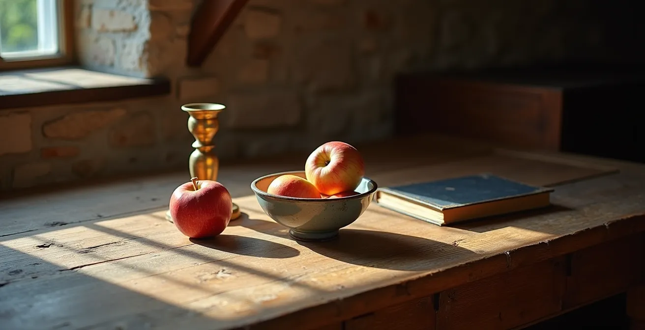 Intérieur d'un penty breton avec mobilier ancien et lumière naturelle traversant une petite fenêtre