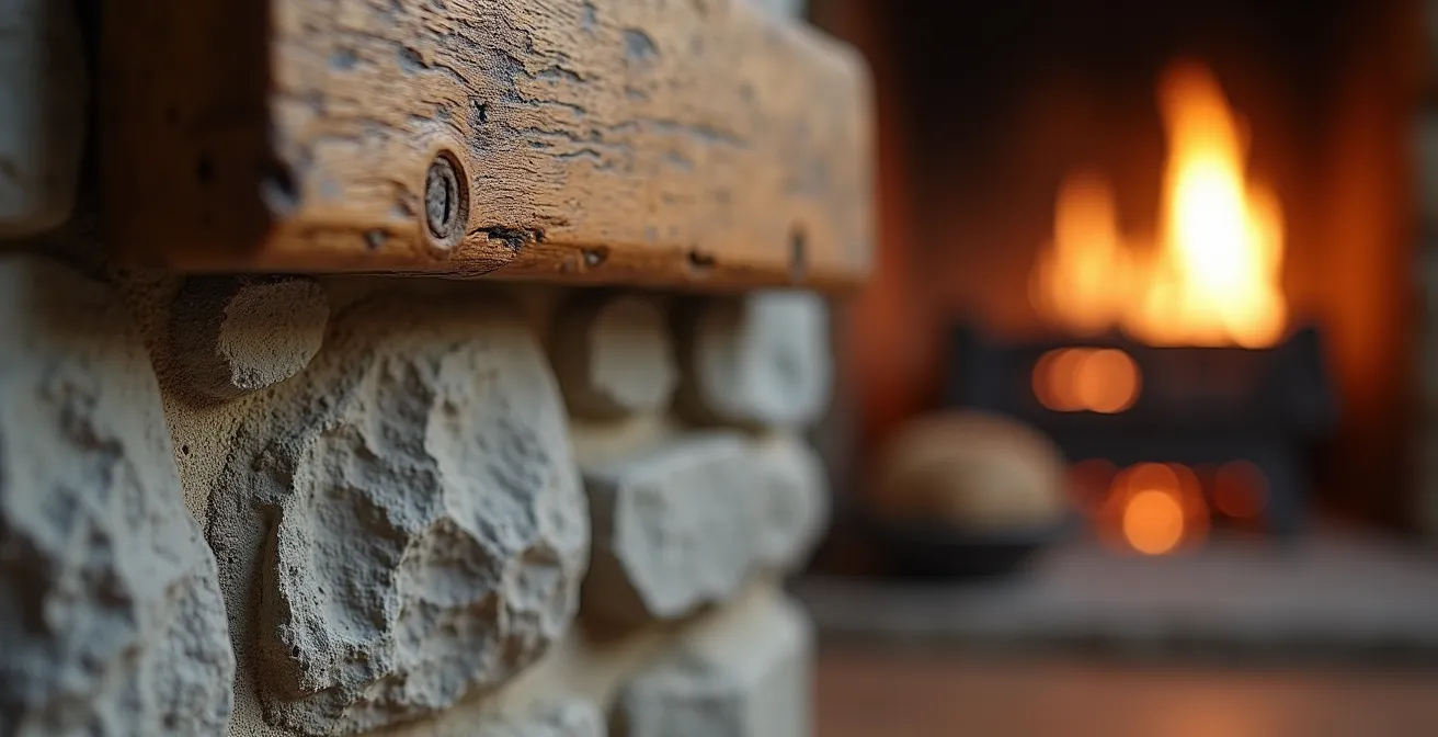 Intérieur chaleureux d'un penty breton avec poutres apparentes, cheminée en pierre et mobilier traditionnel