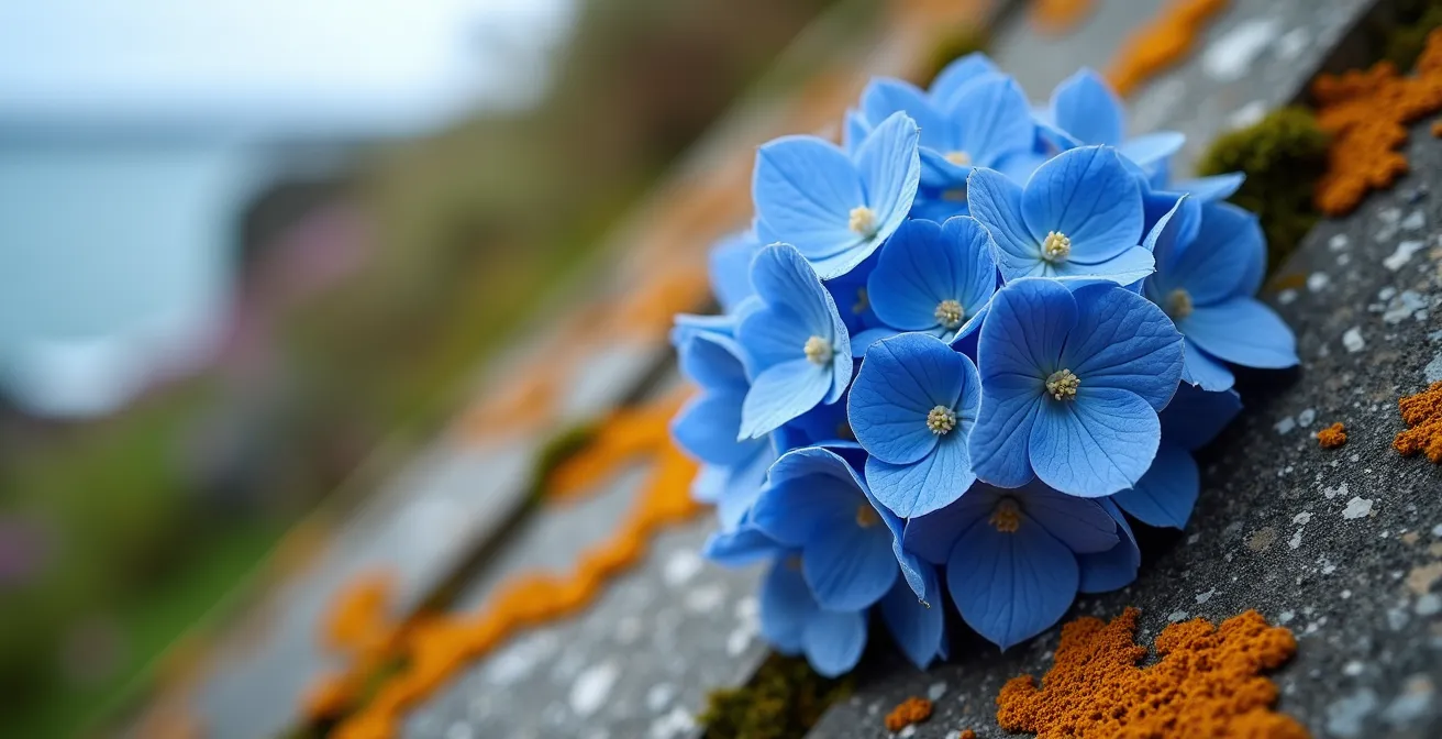 Jardin breton typique avec muret en pierre sèche, hortensias bleus et vue lointaine sur l'océan