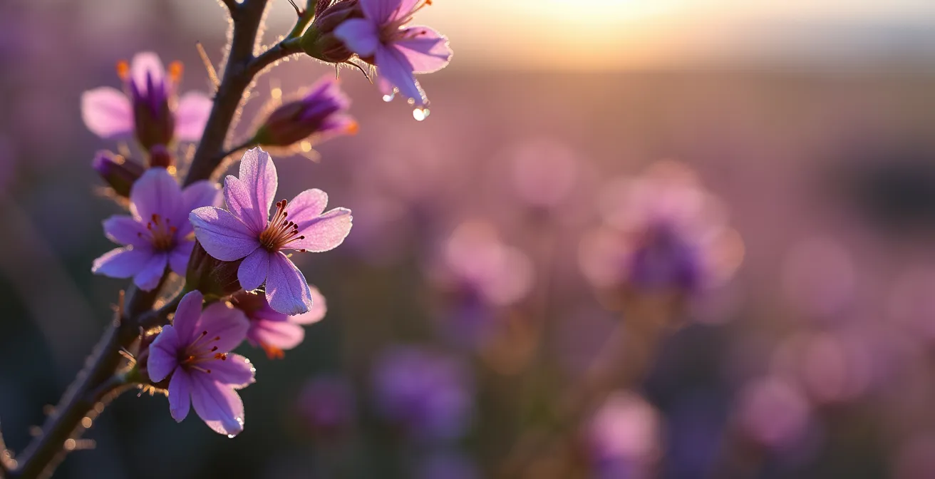 Gros plan sur la végétation de lande avec bruyère et ajonc caractéristiques du Cap de la Chèvre