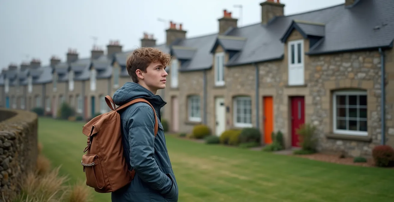 Petites maisons bretonnes traditionnelles avec panneaux 'à louer' illustrant la tension immobilière en presqu'île de Crozon