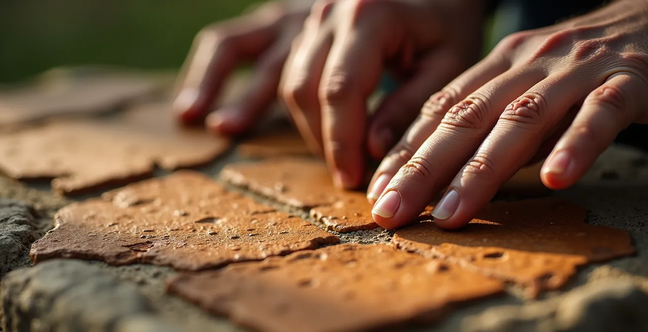 Gros plan sur des mains protectrices effleurant délicatement une pierre ancienne patinée sans la toucher