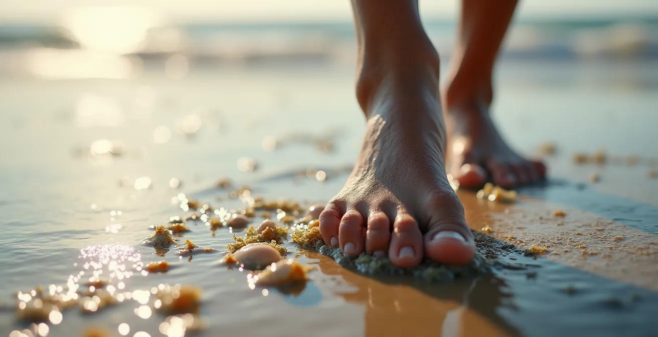 Gros plan sur des pieds nus marchant sur le sable humide de la plage avec les textures du sable et des coquillages visibles