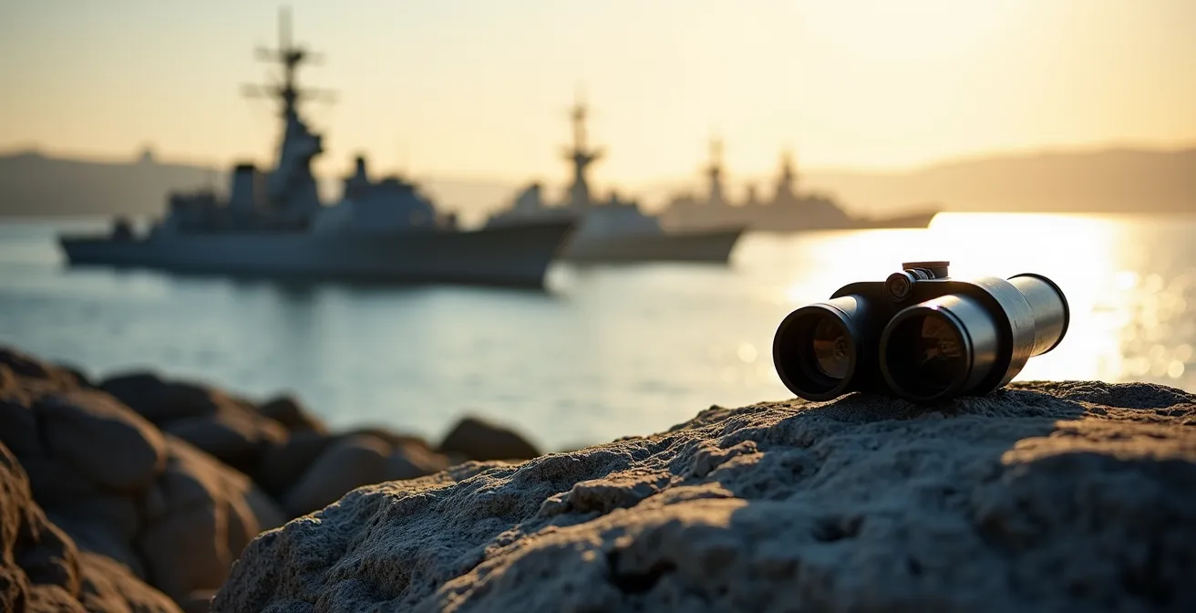 Silhouettes de navires militaires dans la rade de Brest vues depuis la côte de Crozon