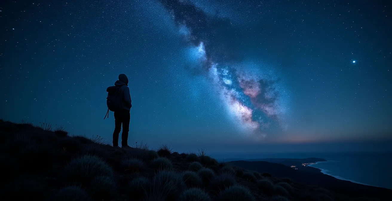 Silhouette d'une personne observant la Voie Lactée depuis le sommet du Menez-Hom avec les lumières lointaines de la côte en contrebas