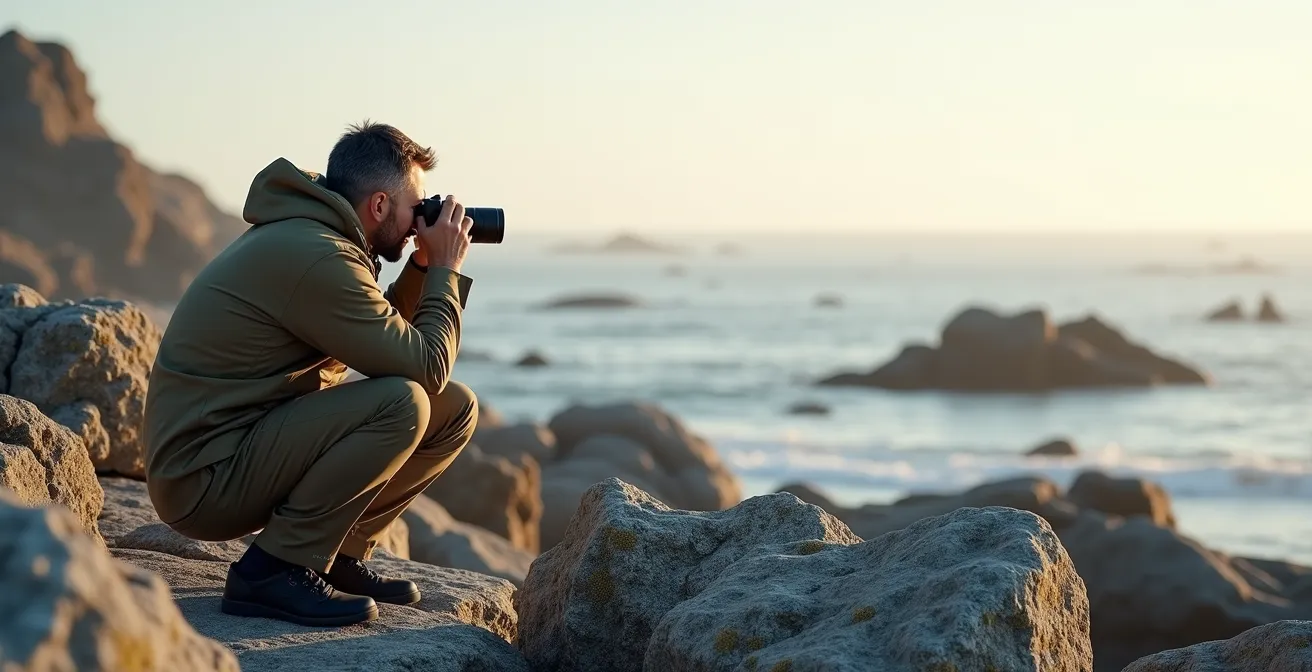 Observateur naturaliste camouflé derrière des rochers avec jumelles, observant au loin des phoques sur des rochers émergés