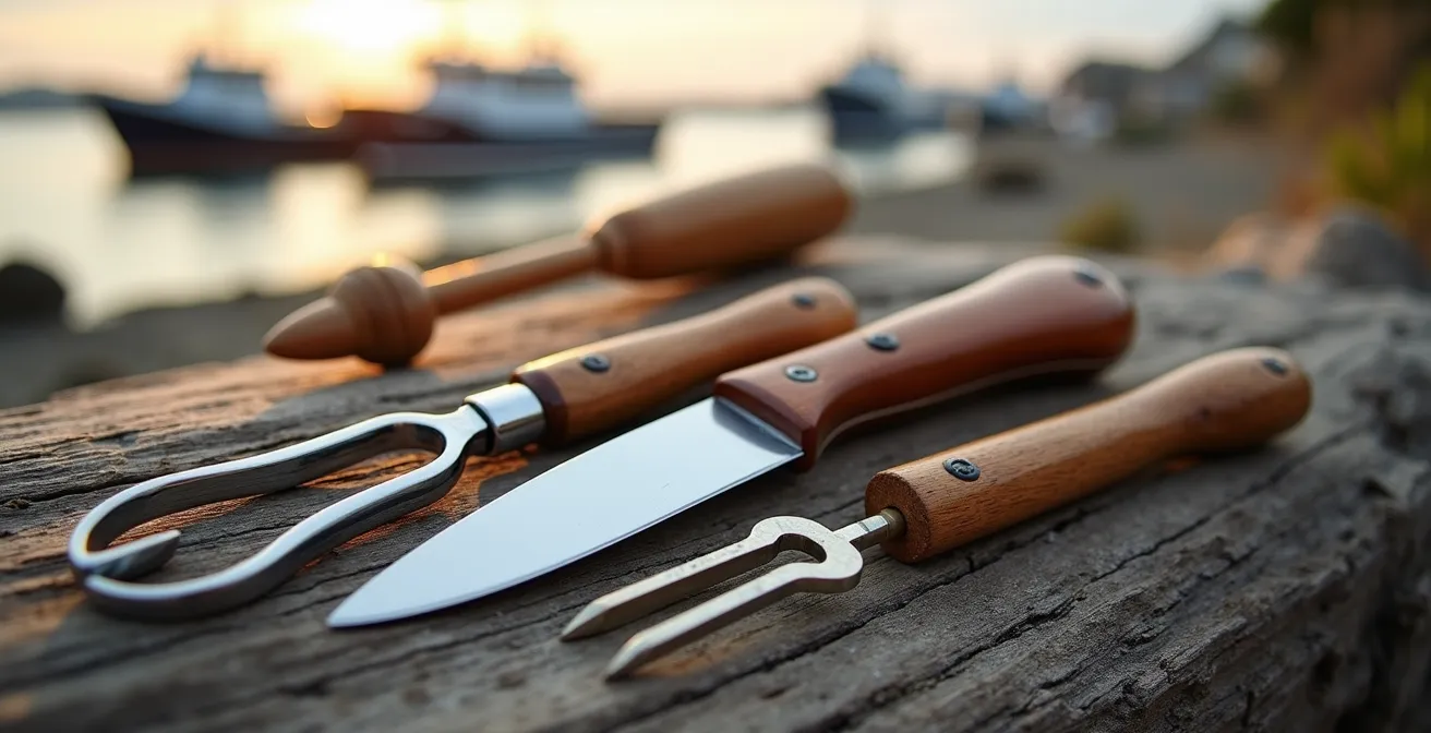 Ensemble d'outils d'écailler traditionnels disposés sur une table en bois avec vue floue sur le port de Morgat