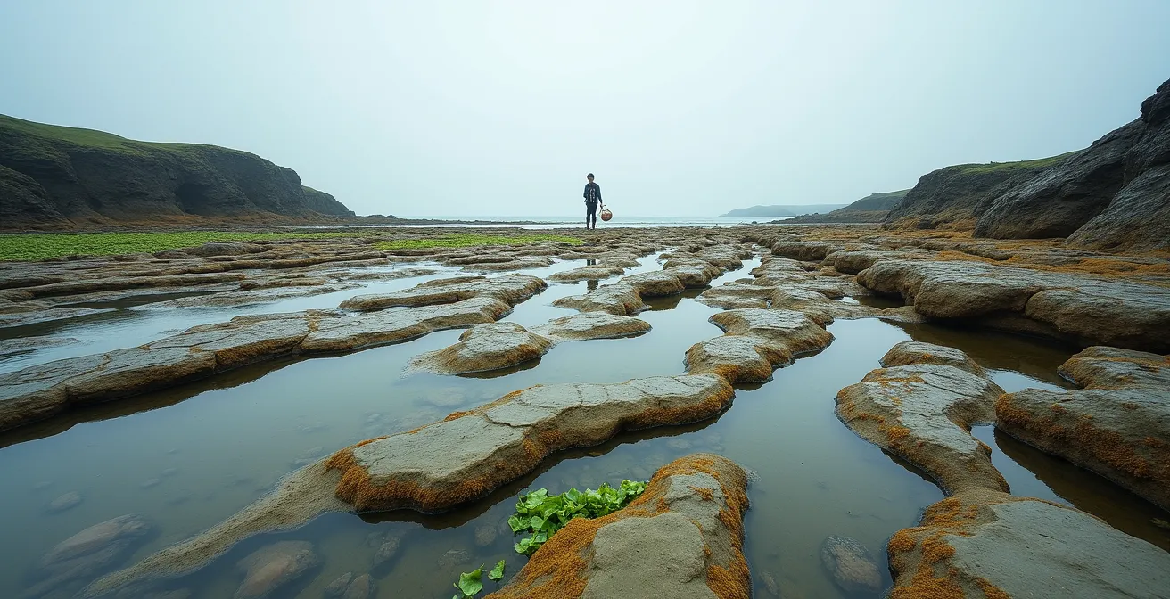 Pêcheur à pied explorant l'estran rocheux de Crozon à marée basse