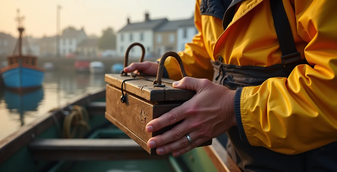 Pêcheur breton déchargeant des casiers à crabes au port de Camaret au lever du soleil