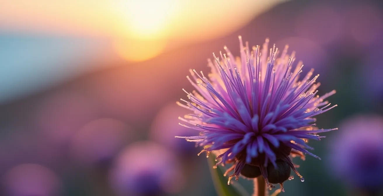 Détail macro de bruyère pourpre avec la mer floue en arrière-plan au coucher du soleil