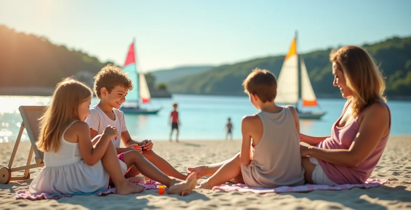 Familles profitant de la plage de Morgat avec clubs nautiques et transats élégants