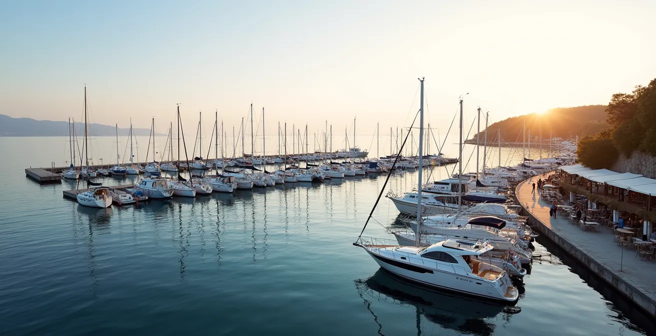 Port de plaisance de Morgat au coucher du soleil avec yachts et cafés animés