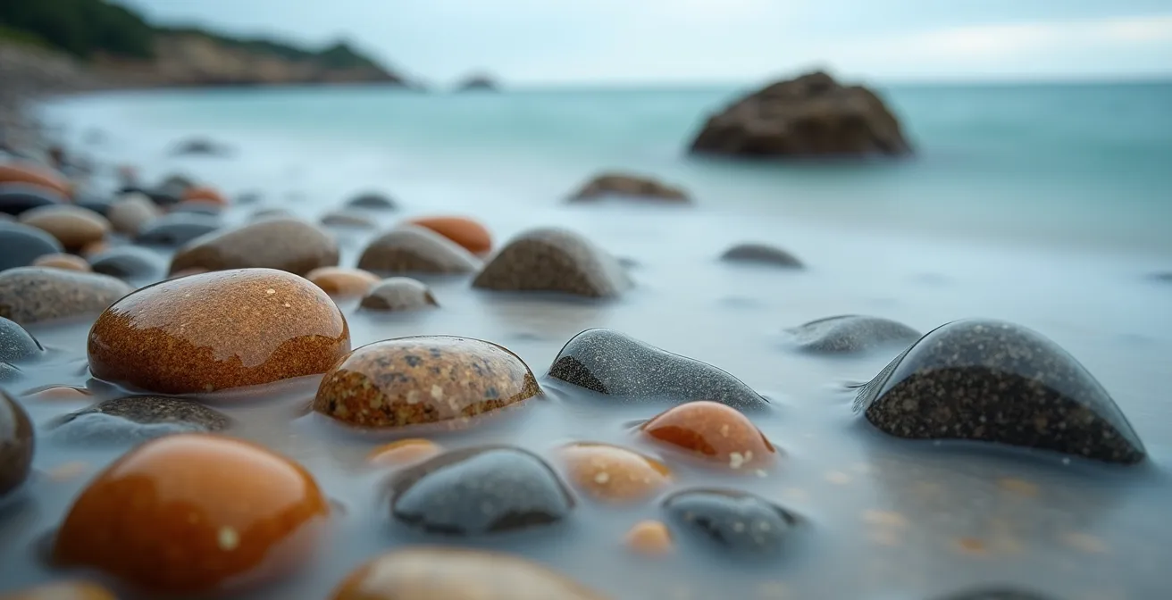 Photographie en pose longue des galets de l'Île Vierge avec effet de brume sur l'eau turquoise