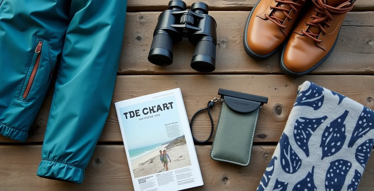 Équipement de voyage essentiel pour la Bretagne, incluant une veste imperméable, des chaussures de randonnée et des jumelles, disposé de manière esthétique.