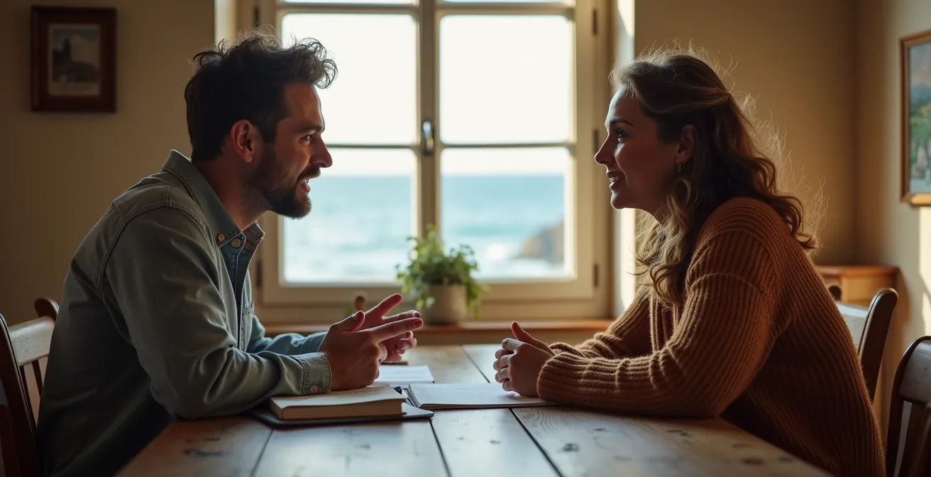 Échange chaleureux entre un propriétaire et des vacanciers autour d'une table en bois avec vue sur mer