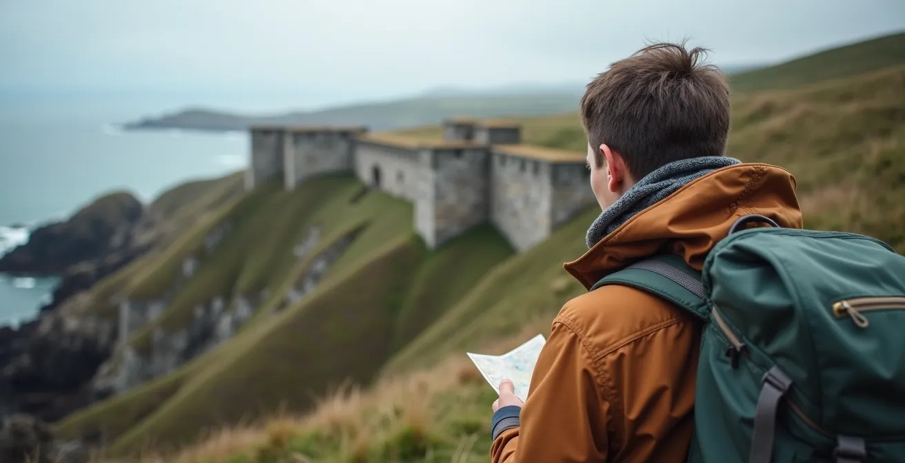 Randonneur observant les fortifications Vauban sur la presqu'île de Crozon avec carte thématique