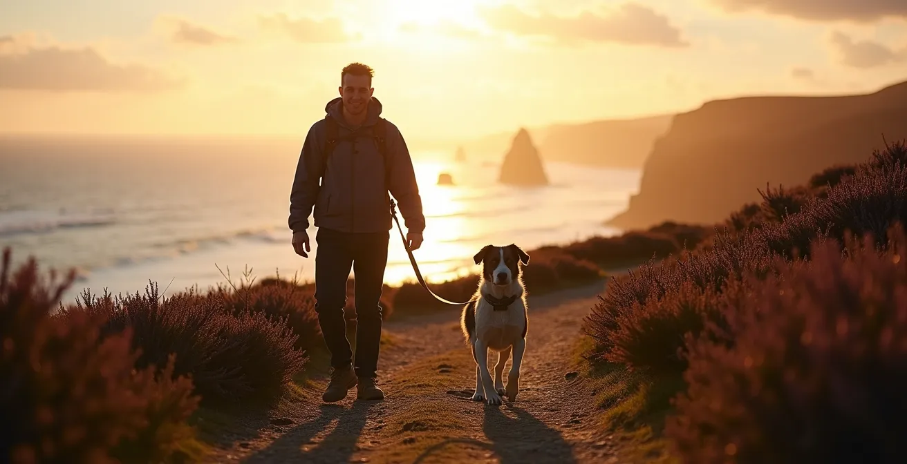 Randonneur et son chien en laisse sur le sentier côtier de Crozon avec vue sur l'océan
