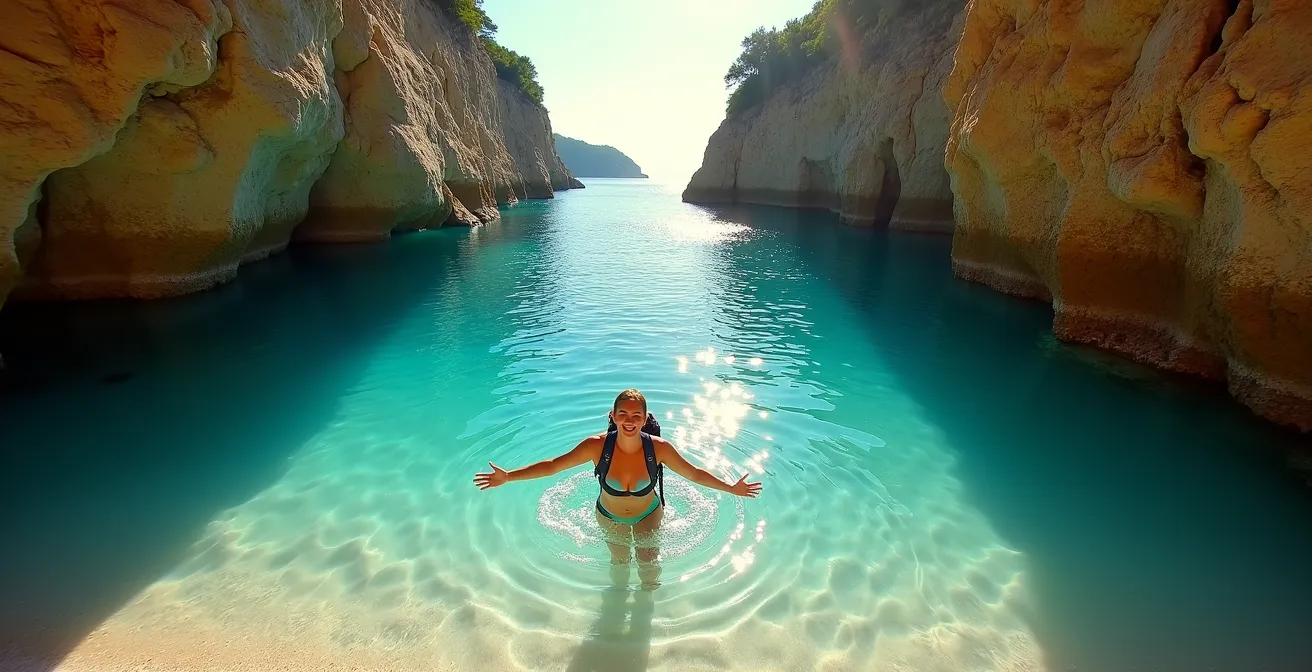 Randonneur se baignant dans une crique aux eaux turquoise après une randonnée sur les falaises
