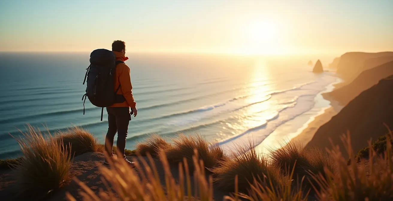 Randonneur contemplant l'horizon depuis les falaises du Cap de la Chèvre