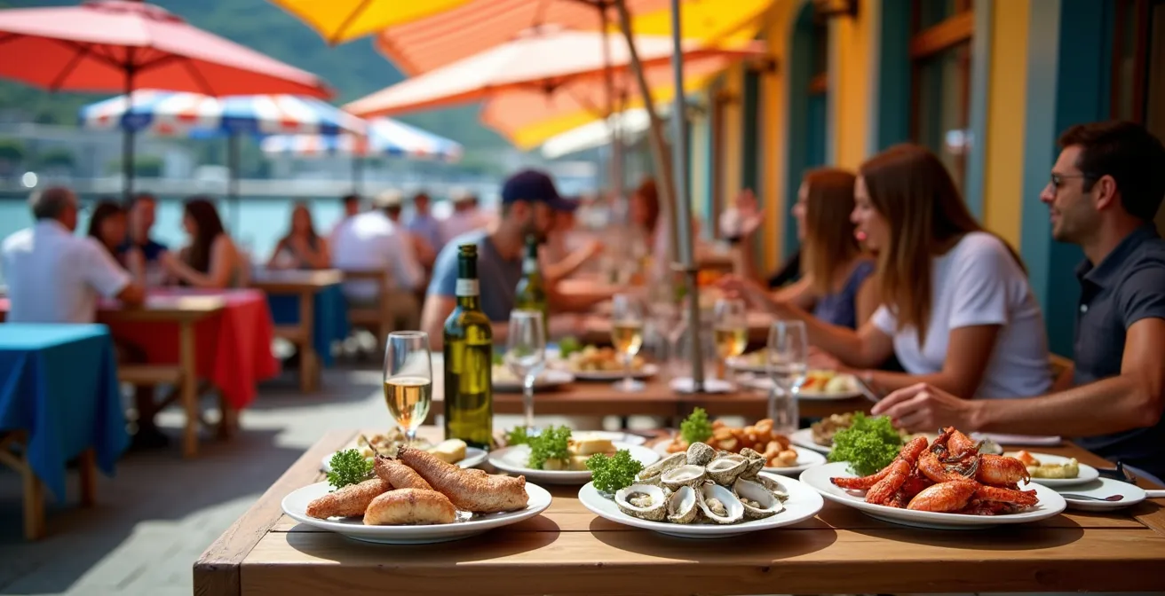 Terrasses de restaurants colorées sur le port de Camaret avec vue sur les bateaux de pêche