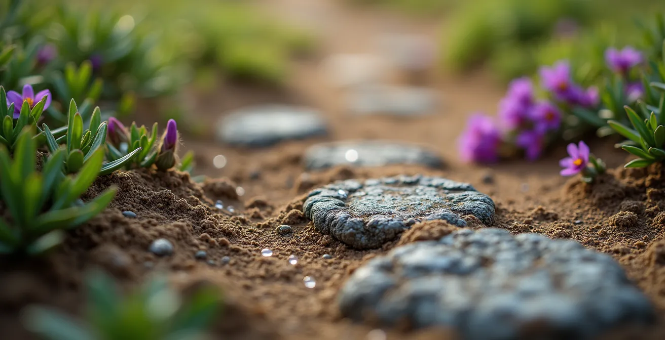 Détail macro du sentier GR34 avec texture de granit et bruyère en fleur