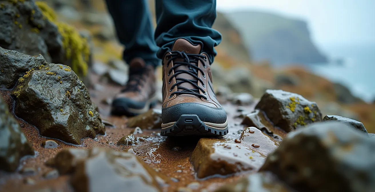 Sentier technique escarpé avec rochers de schiste sur les falaises du Cap de la Chèvre