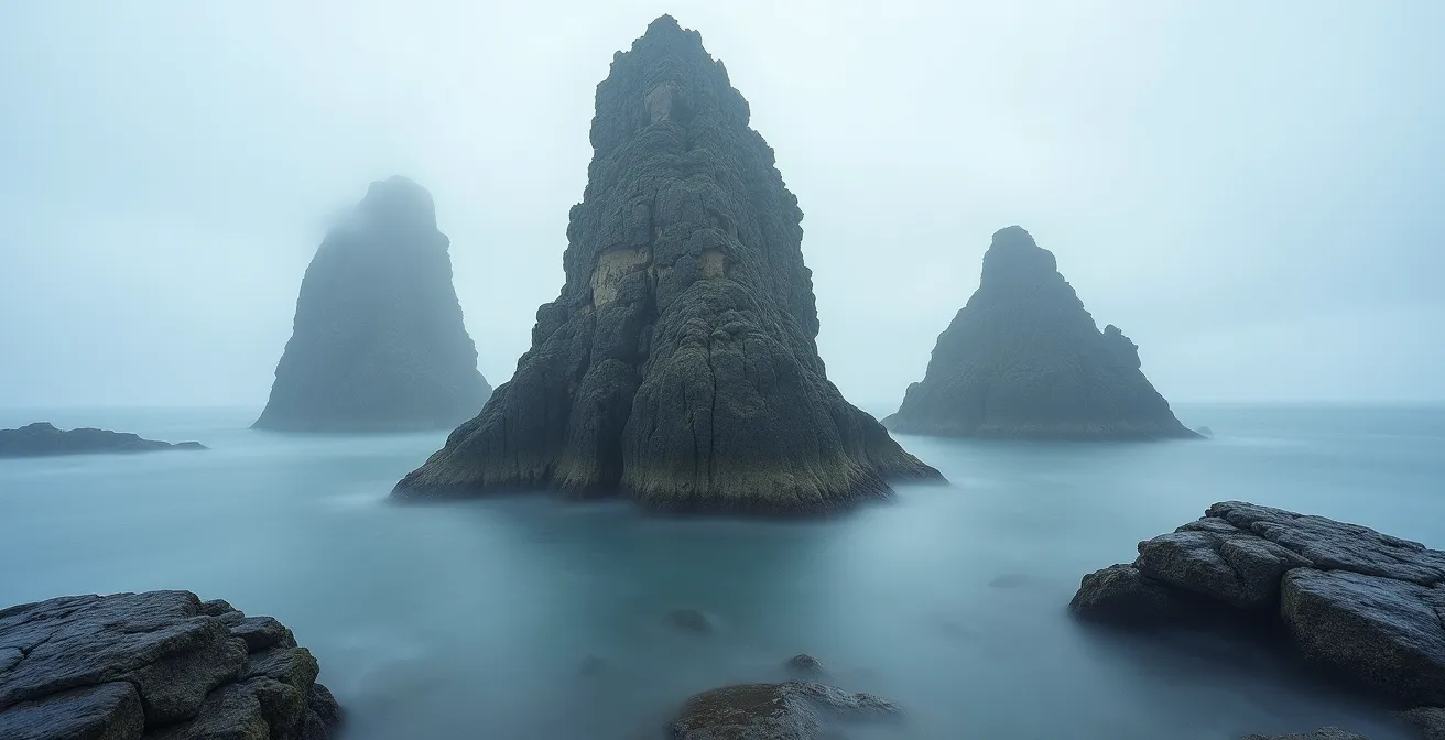 Vue rapprochée des rochers des Tas de Pois dans la brume matinale créant une atmosphère mystique