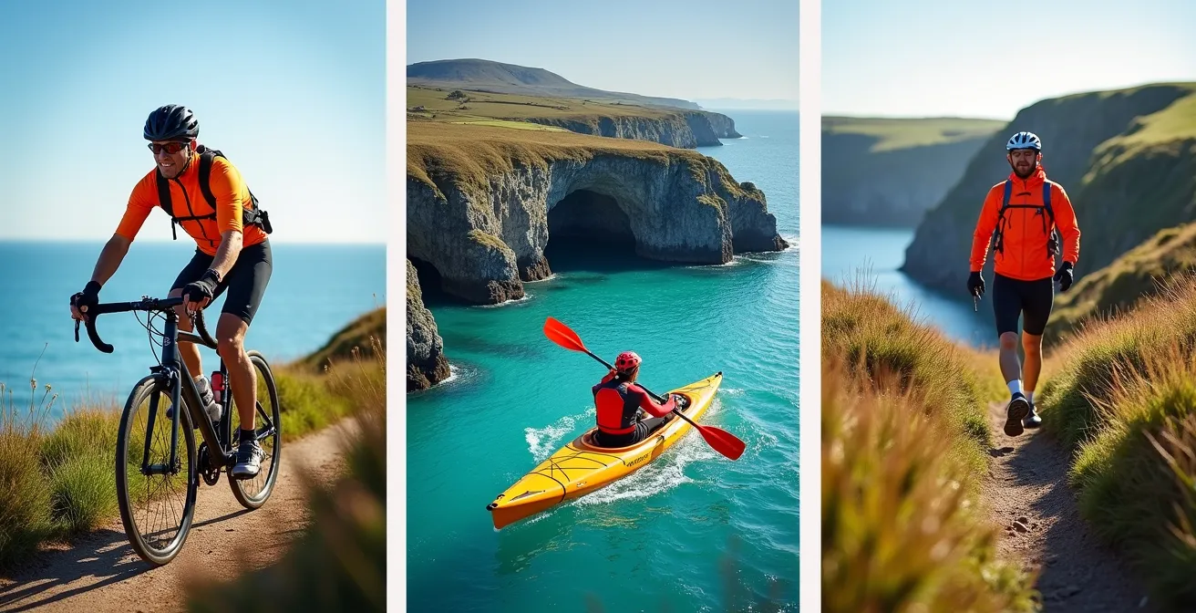 Composition triptyque montrant les trois activités du triathlon de Crozon : VTT sur sentier côtier, kayak en mer et randonnée sur falaise