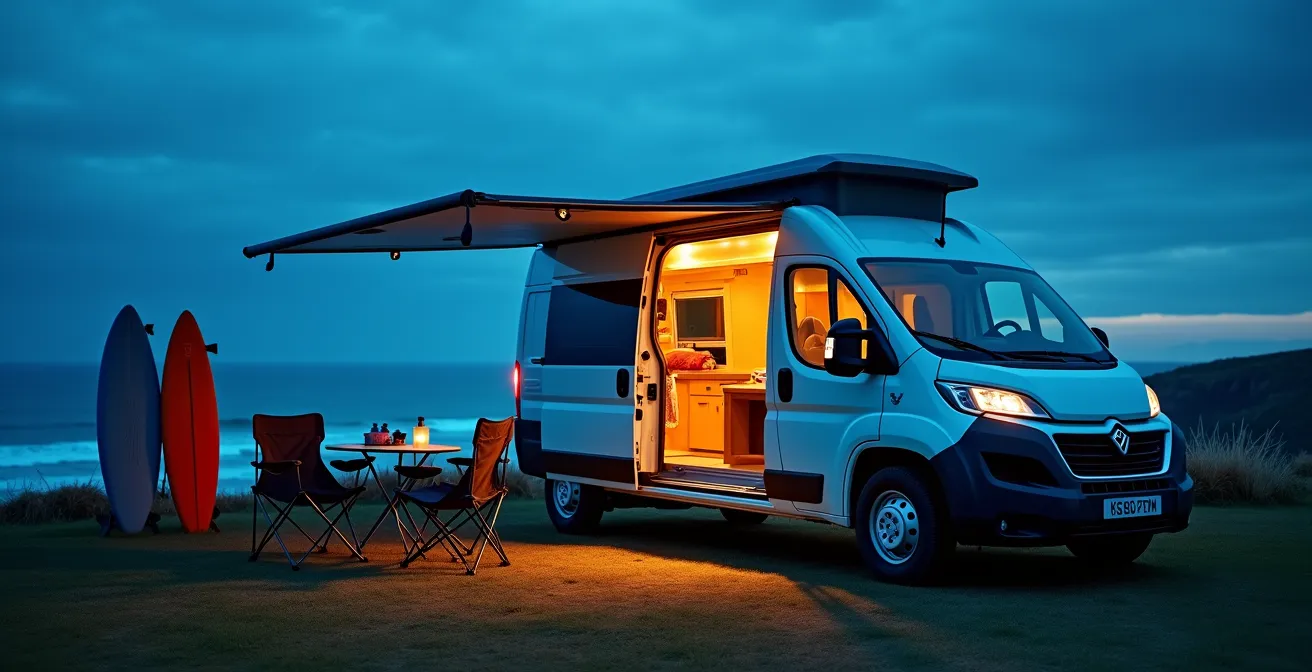 Van aménagé stationné sur une aire avec vue sur la mer à Crozon