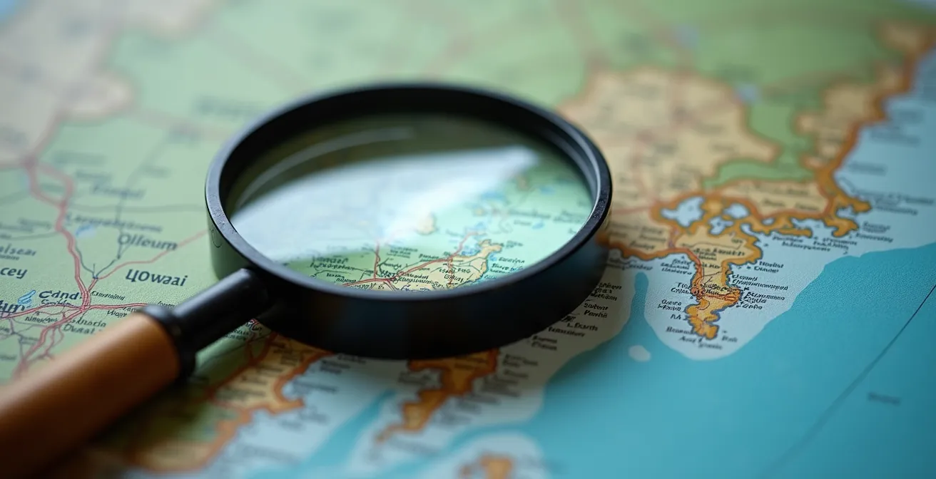 Vue macro d'un écran montrant une loupe posée sur une carte de la presqu'île de Crozon