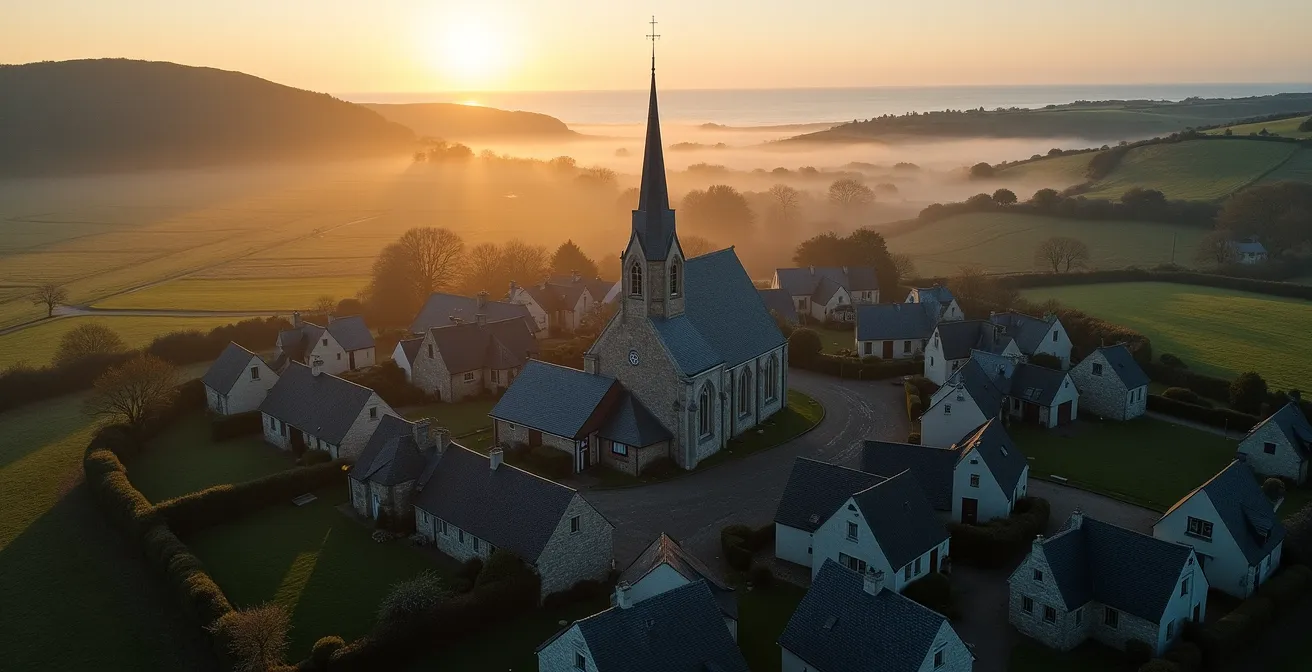 Vue aérienne d'un village traditionnel de Crozon montrant l'organisation concentrique autour de l'église